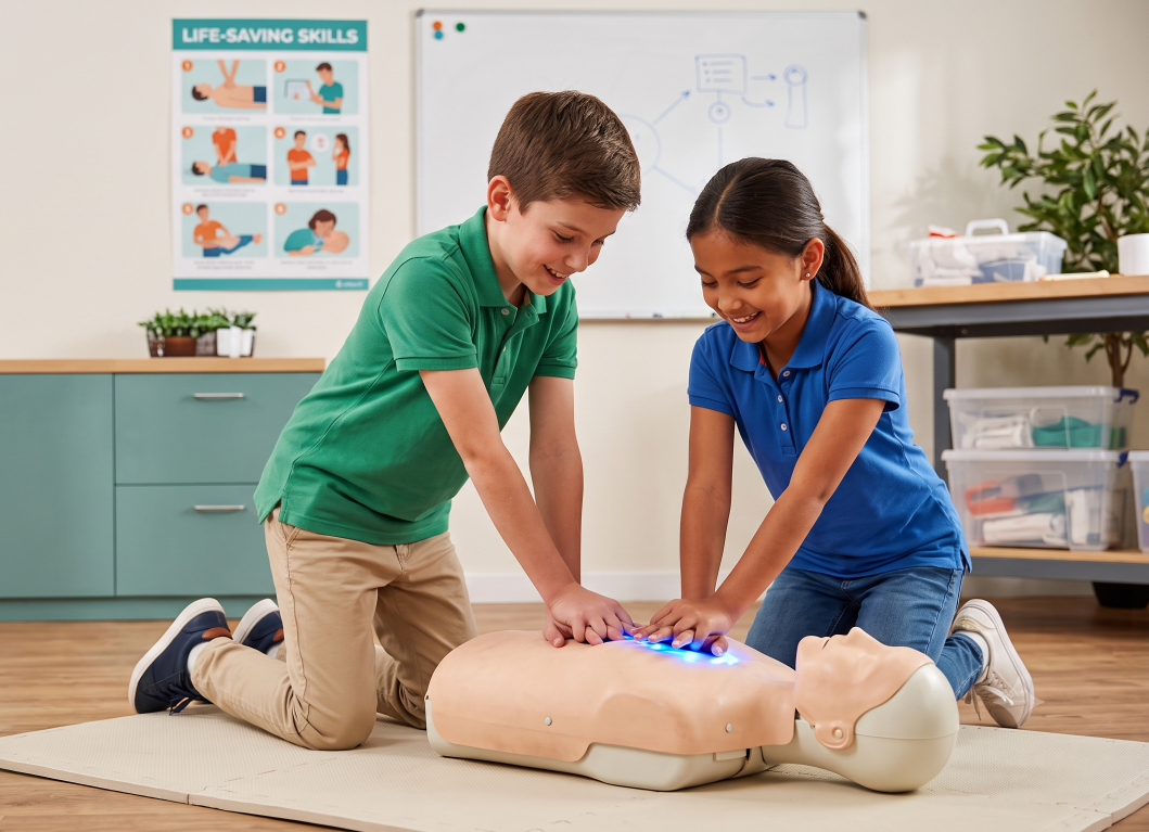 Child learning CPR chest compressions